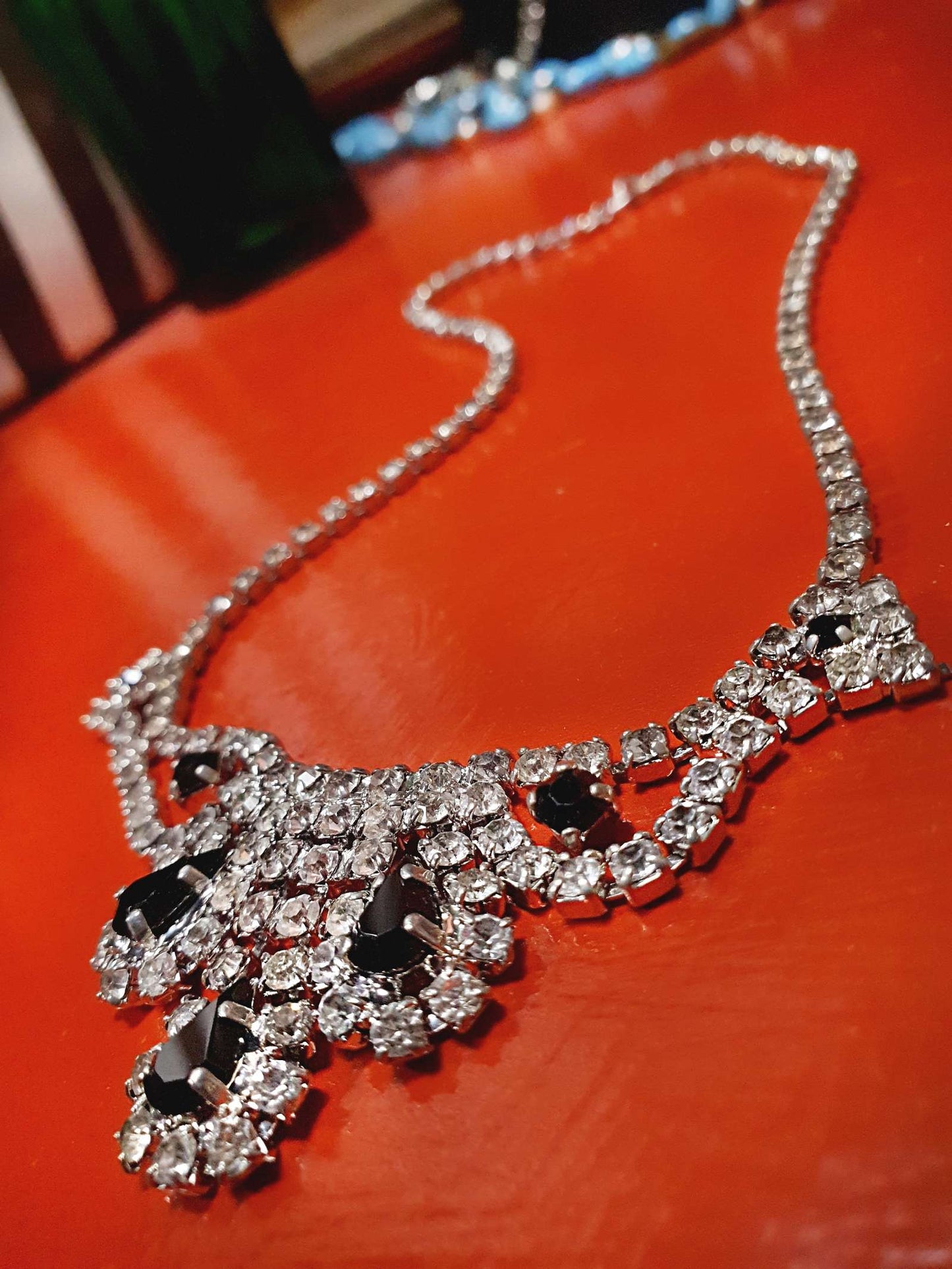 Vintage 1960s Rhinestone Necklace Choker 15" Clear Black