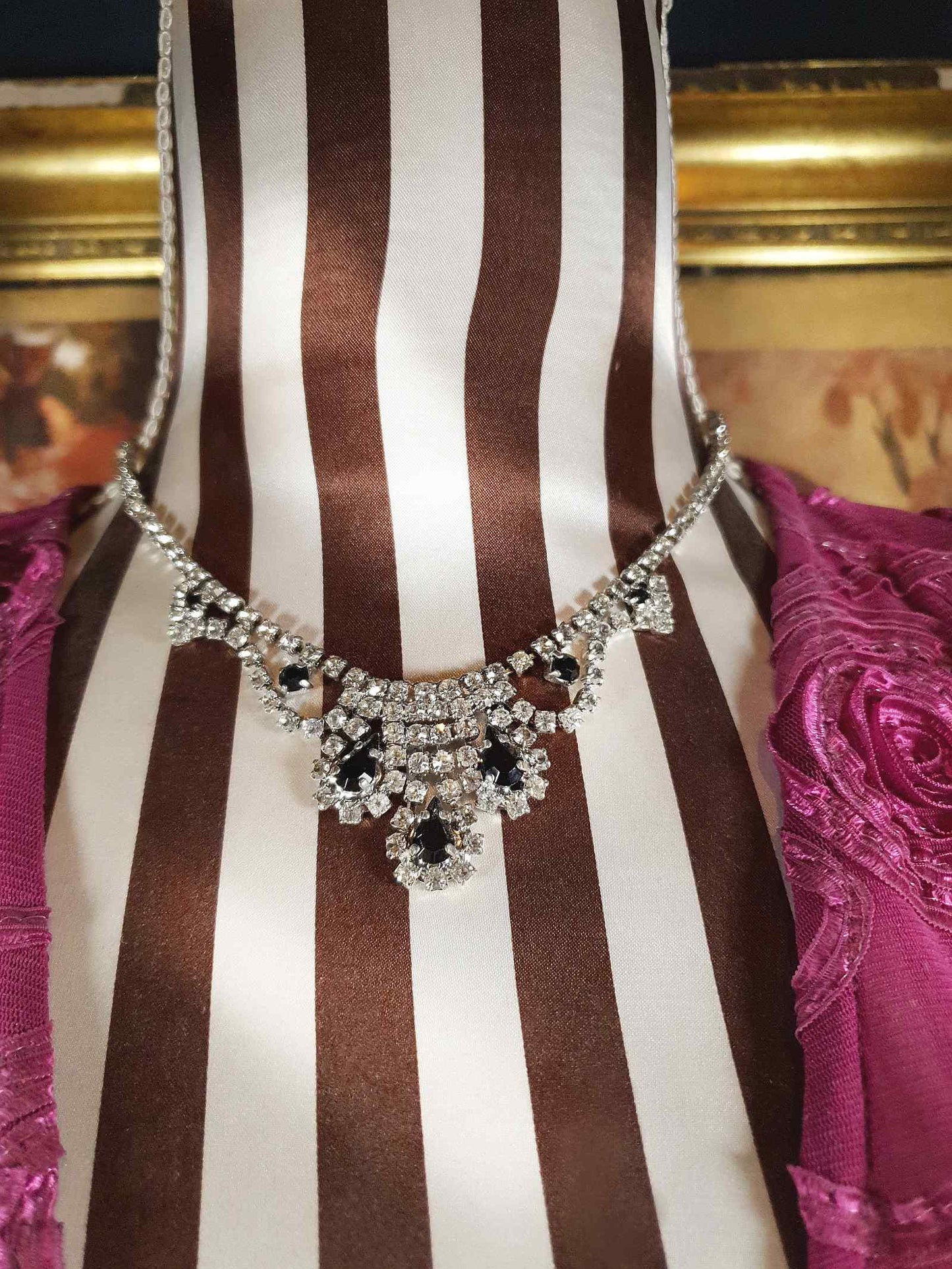 Vintage 1960s Rhinestone Necklace Choker 15" Clear Black