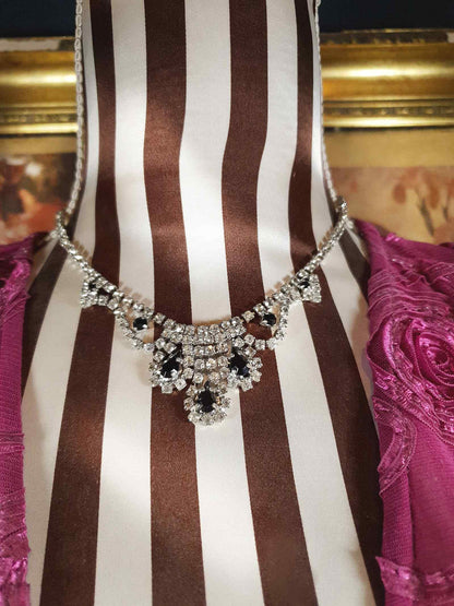 Vintage 1960s Rhinestone Necklace Choker 15" Clear Black