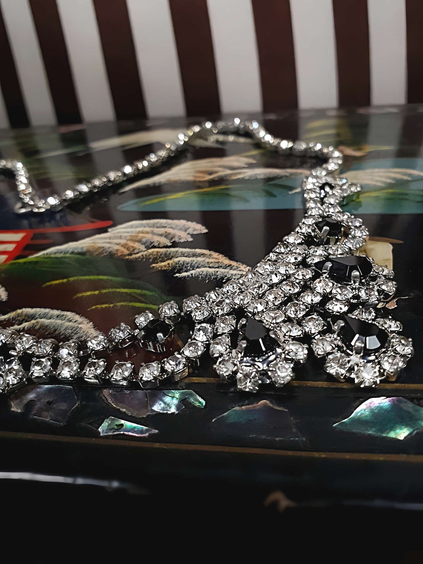 Vintage 1960s Rhinestone Necklace Choker 15" Clear Black