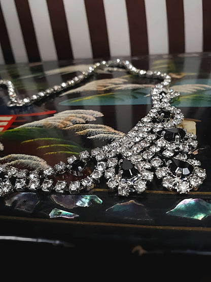 Vintage 1960s Rhinestone Necklace Choker 15" Clear Black
