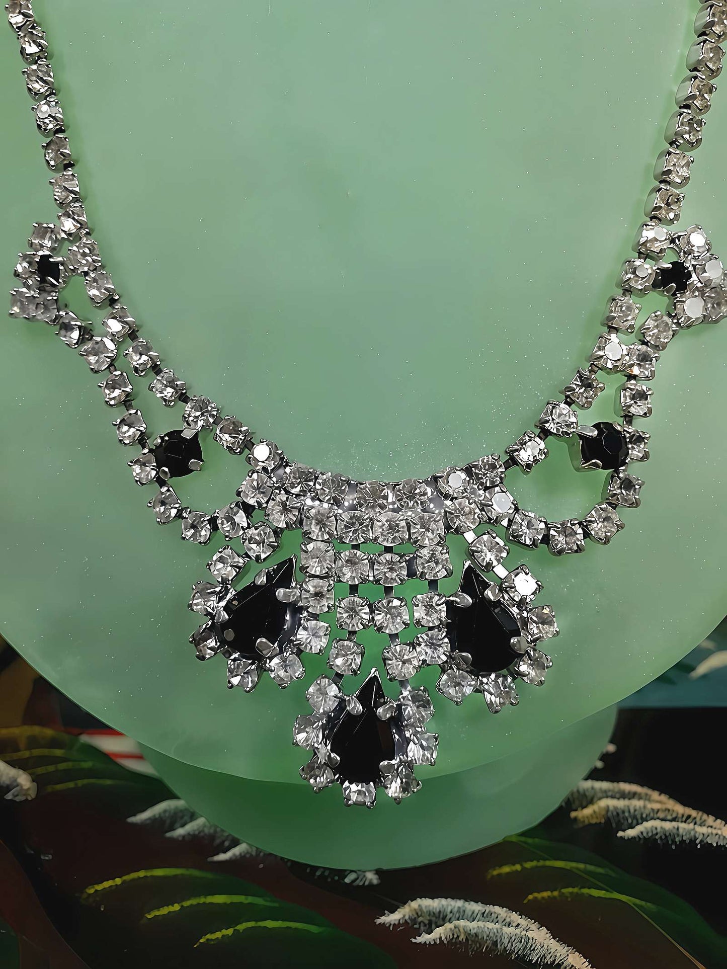 Vintage 1960s Rhinestone Necklace Choker 15" Clear Black