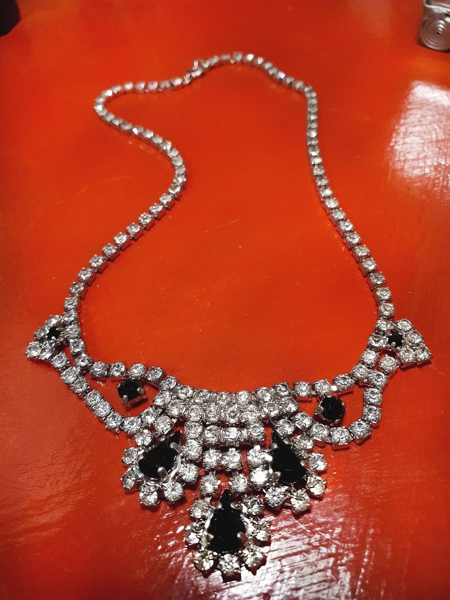 Vintage 1960s Rhinestone Necklace Choker 15" Clear Black