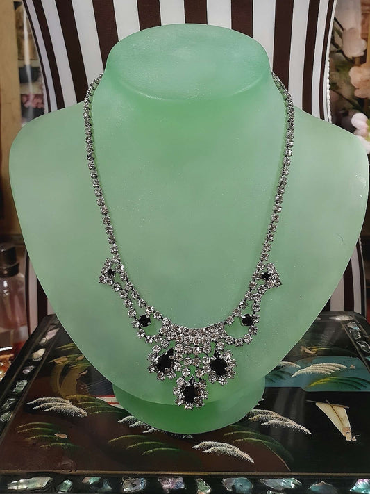 Vintage 1960s Rhinestone Necklace Choker 15" Clear Black