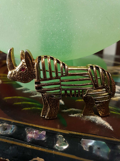 Vintage 1960s Rhino Brass Brooch Pin - Rare Rhinoceros Rhinestone