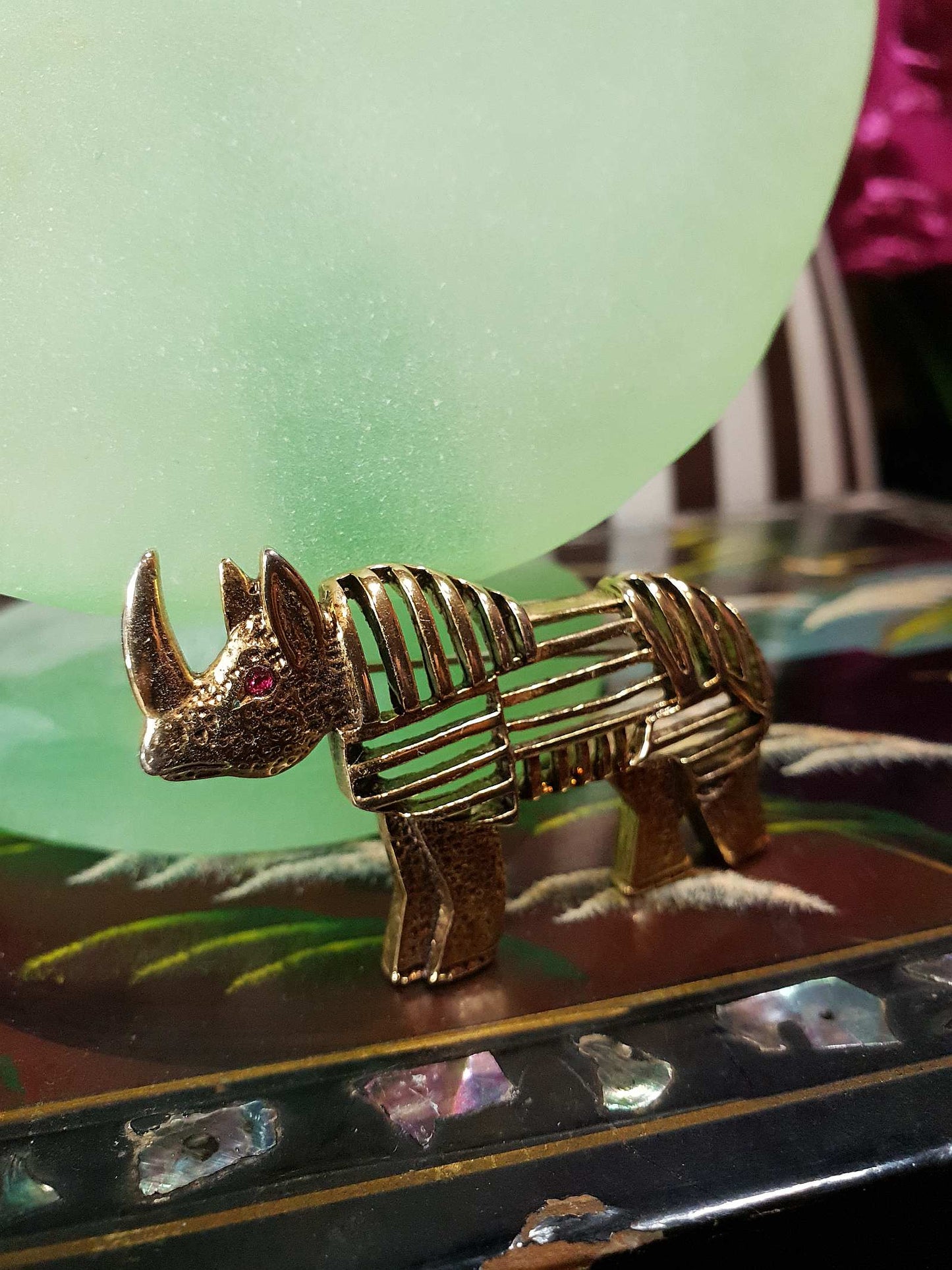 Vintage 1960s Rhino Brass Brooch Pin - Rare Rhinoceros Rhinestone