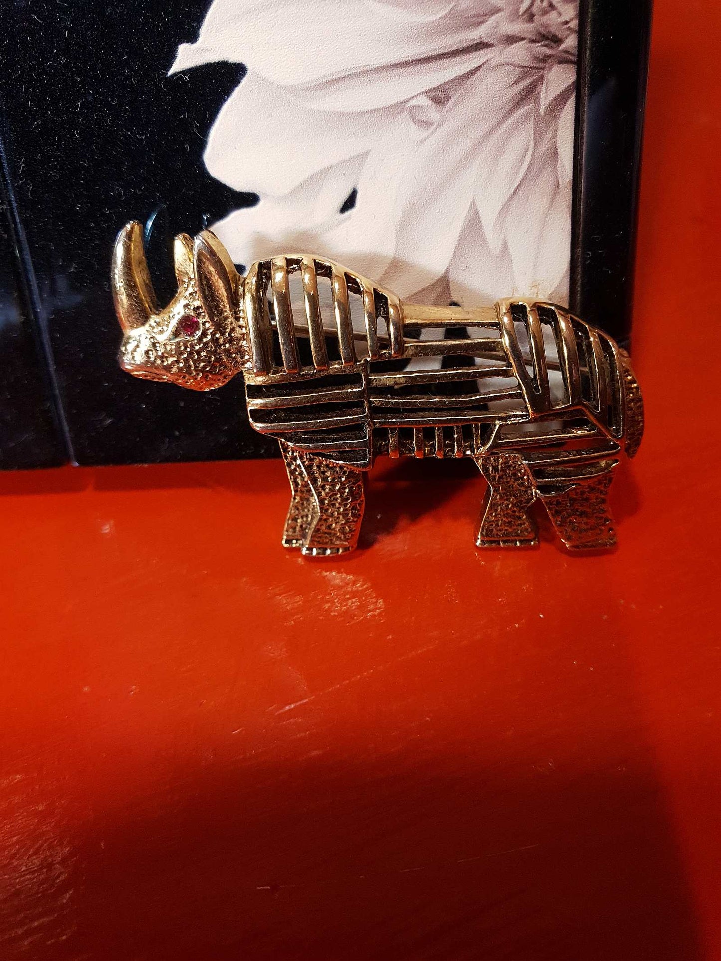 Vintage 1960s Rhino Brass Brooch Pin - Rare Rhinoceros Rhinestone