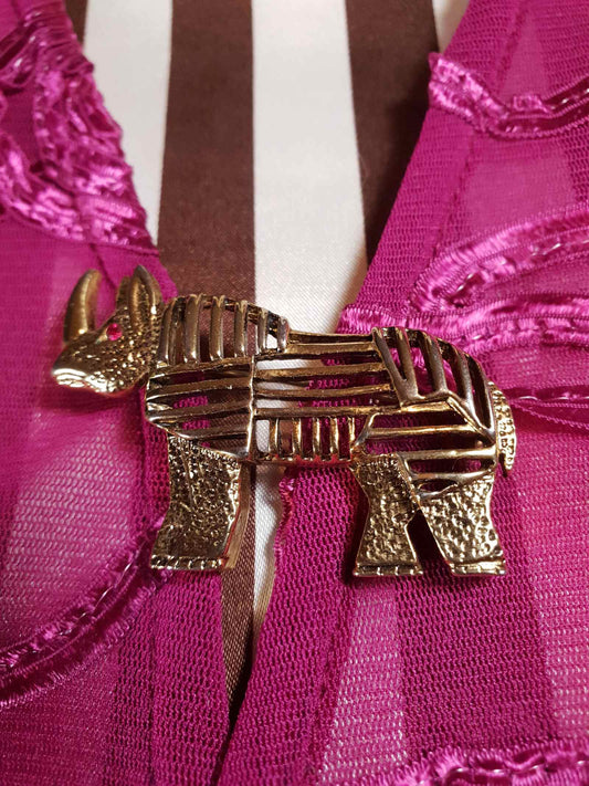 Vintage 1960s Rhino Brass Brooch Pin - Rare Rhinoceros Rhinestone