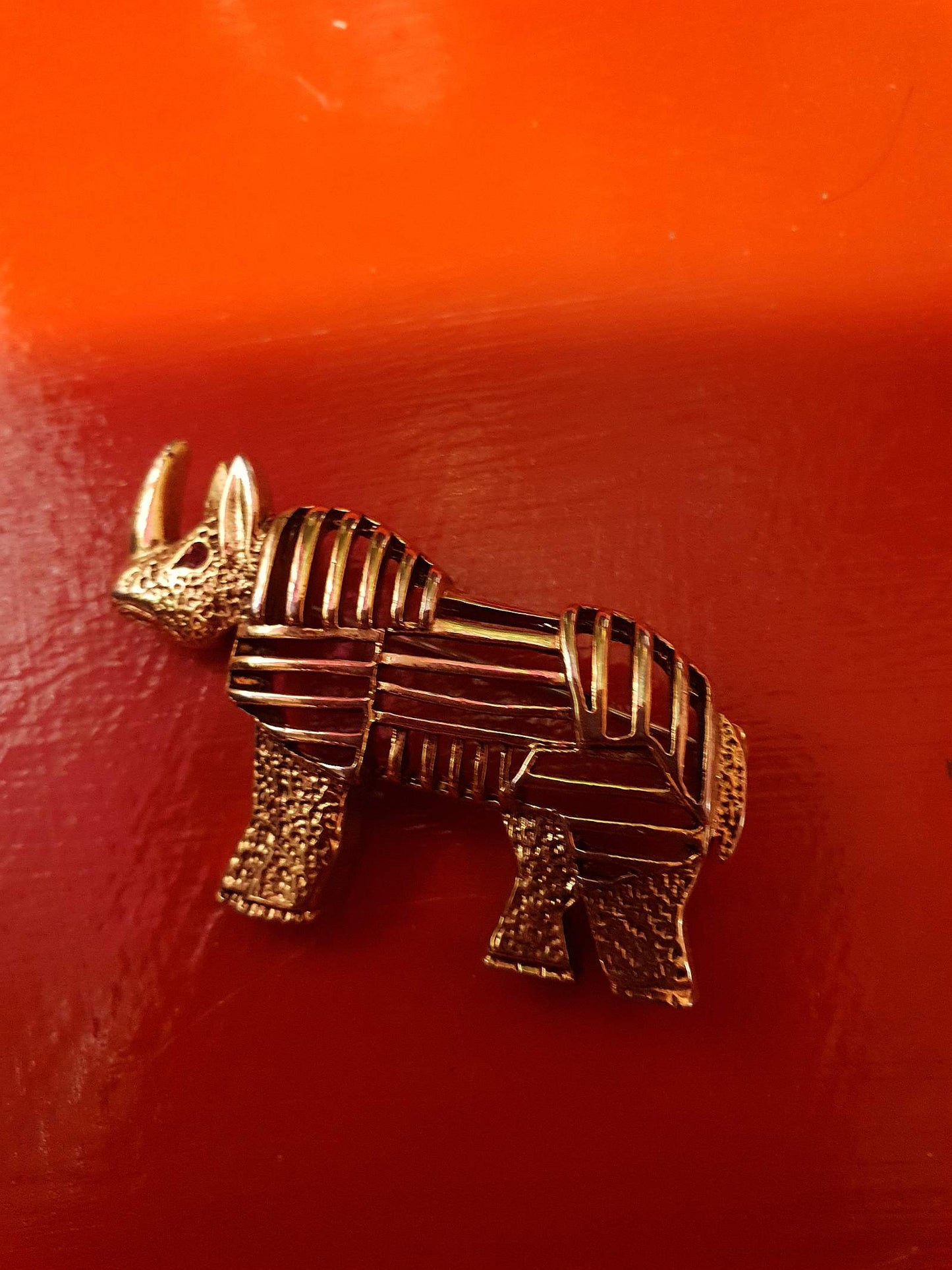 Vintage 1960s Rhino Brass Brooch Pin - Rare Rhinoceros Rhinestone