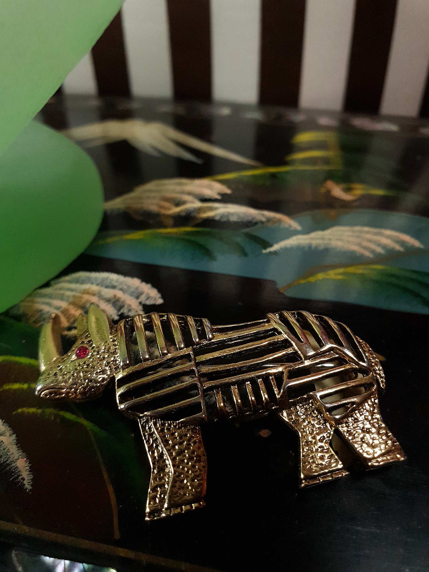 Vintage 1960s Rhino Brass Brooch Pin - Rare Rhinoceros Rhinestone