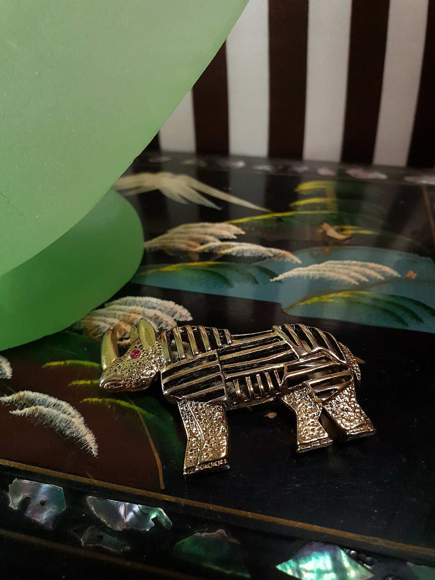 Vintage 1960s Rhino Brass Brooch Pin - Rare Rhinoceros Rhinestone