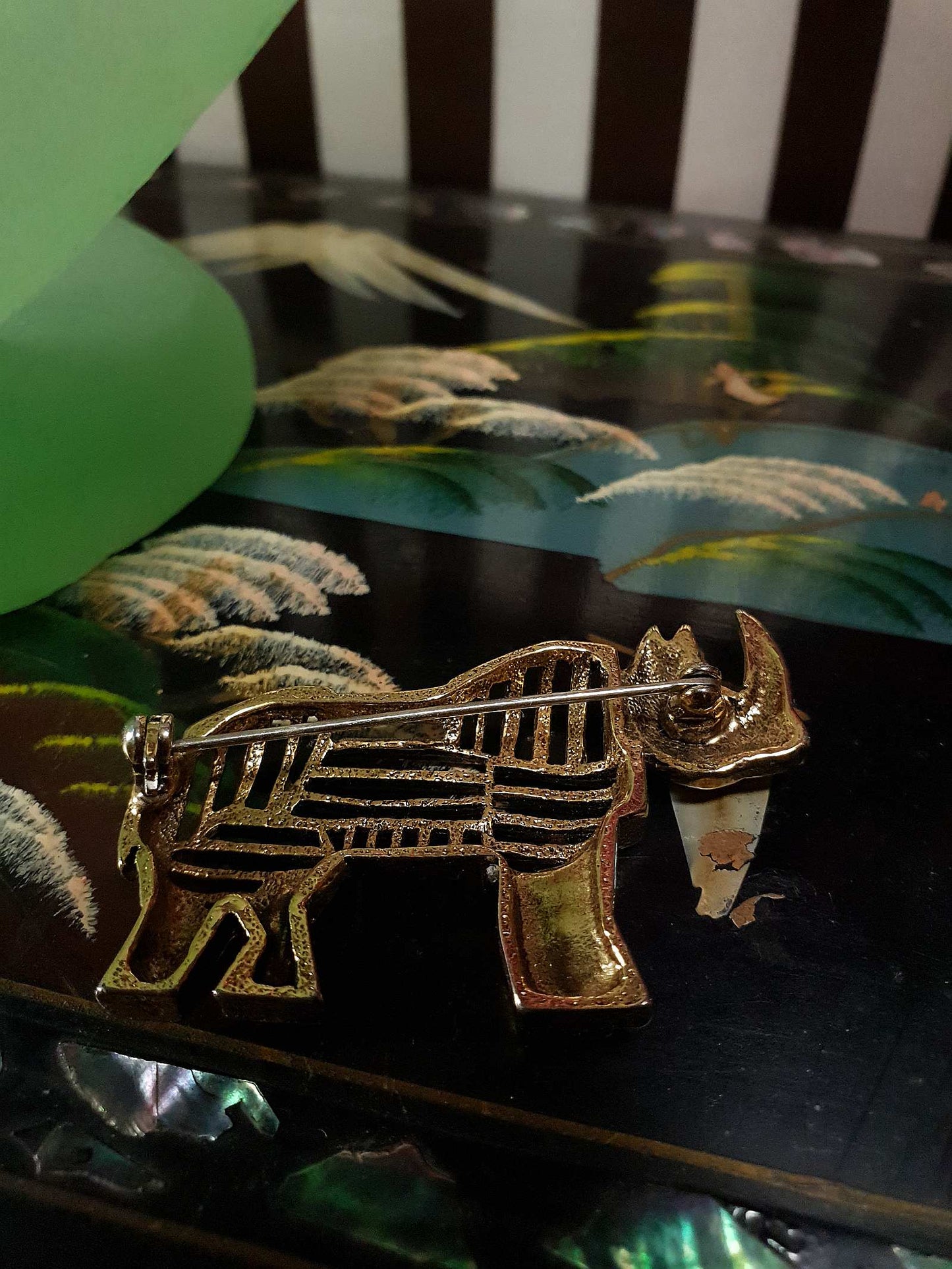Vintage 1960s Rhino Brass Brooch Pin - Rare Rhinoceros Rhinestone