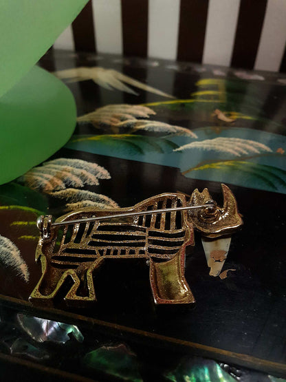 Vintage 1960s Rhino Brass Brooch Pin - Rare Rhinoceros Rhinestone
