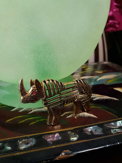 Vintage 1960s Rhino Brass Brooch Pin - Rare Rhinoceros Rhinestone