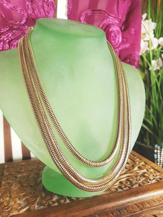 Vintage 1960s Snake Chain Necklace Three Tier Gold-Tone Retro
