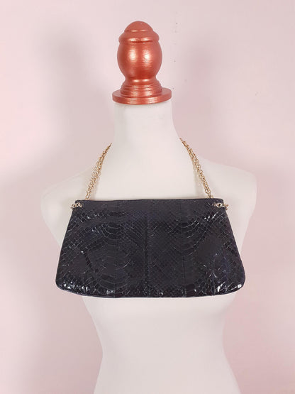 Vintage 1960s Snakeskin Leather Handbag Black Blue Evening Bag