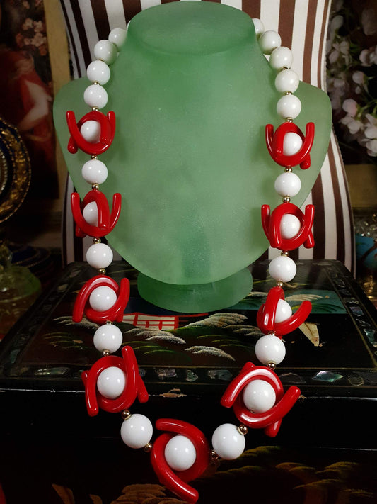 Vintage 1960s Mod Necklace 25" Red White Resin Retro - Rare