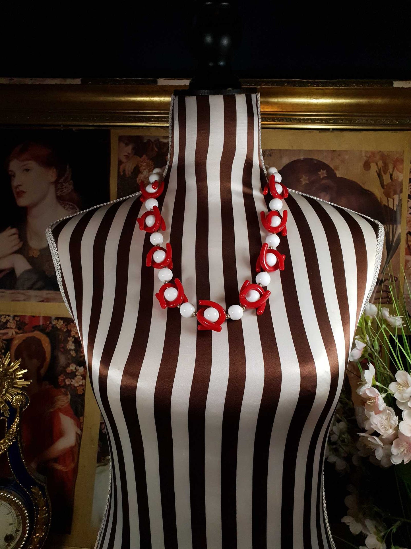 Vintage 1960s Mod Necklace 25" Red White Resin Retro - Rare
