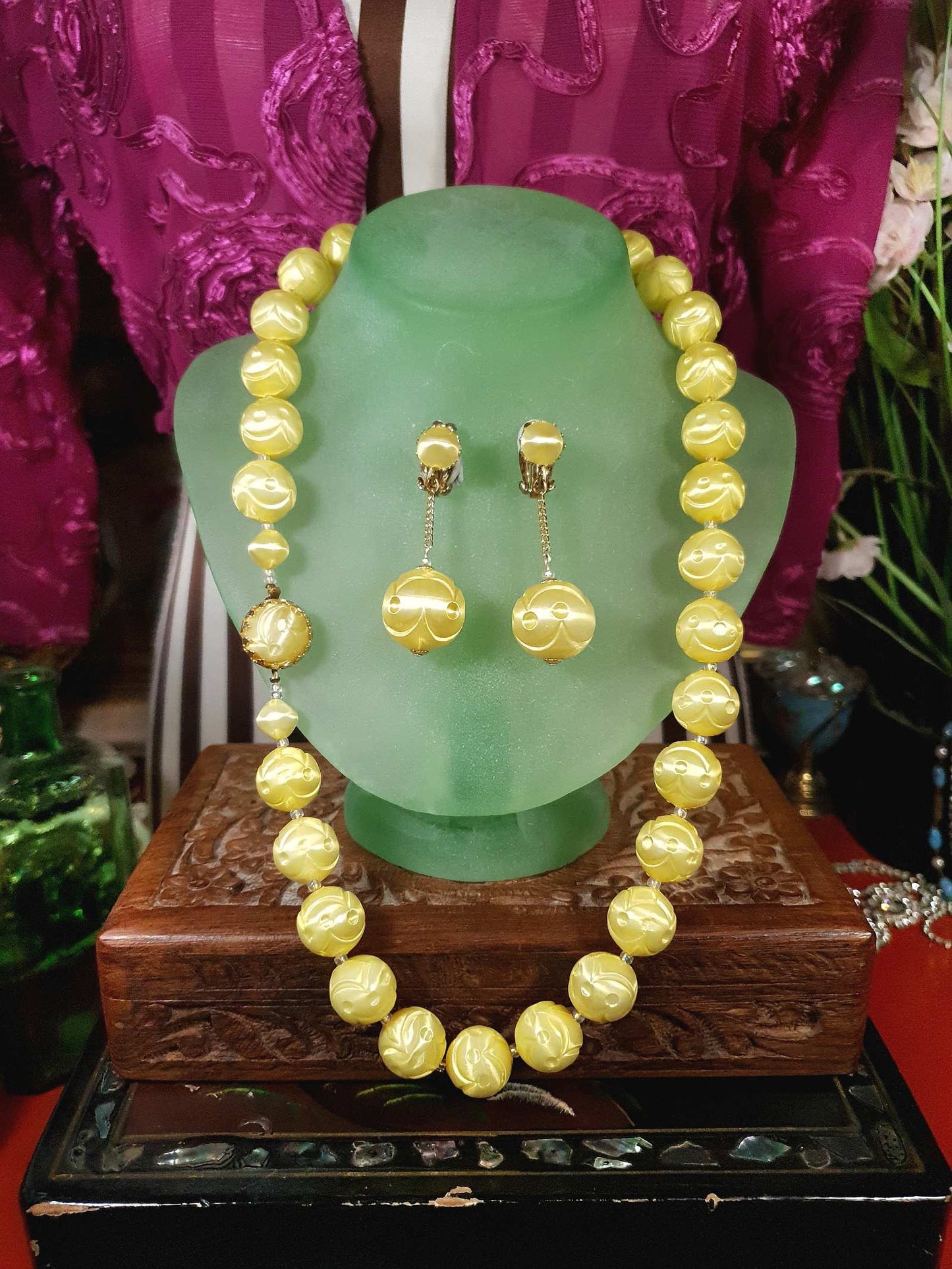 Vintage 1950s Yellow Bead Necklace Earrings Set Demi Parure - Signed Japan