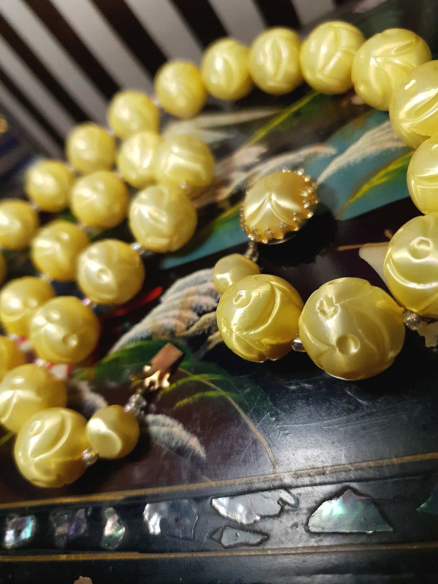 Vintage 1950s Yellow Bead Necklace Earrings Set Demi Parure - Signed Japan