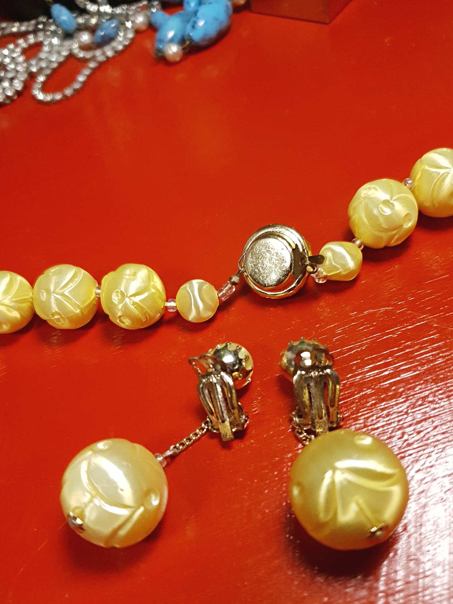 Vintage 1950s Yellow Bead Necklace Earrings Set Demi Parure - Signed Japan
