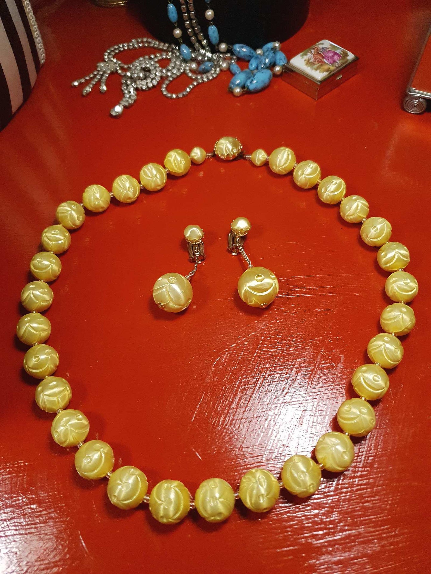 Vintage 1950s Yellow Bead Necklace Earrings Set Demi Parure - Signed Japan