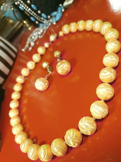 Vintage 1950s Yellow Bead Necklace Earrings Set Demi Parure - Signed Japan