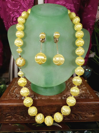 Vintage 1950s Yellow Bead Necklace Earrings Set Demi Parure - Signed Japan