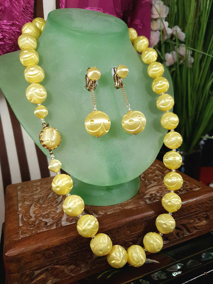 Vintage 1950s Yellow Bead Necklace Earrings Set Demi Parure - Signed Japan