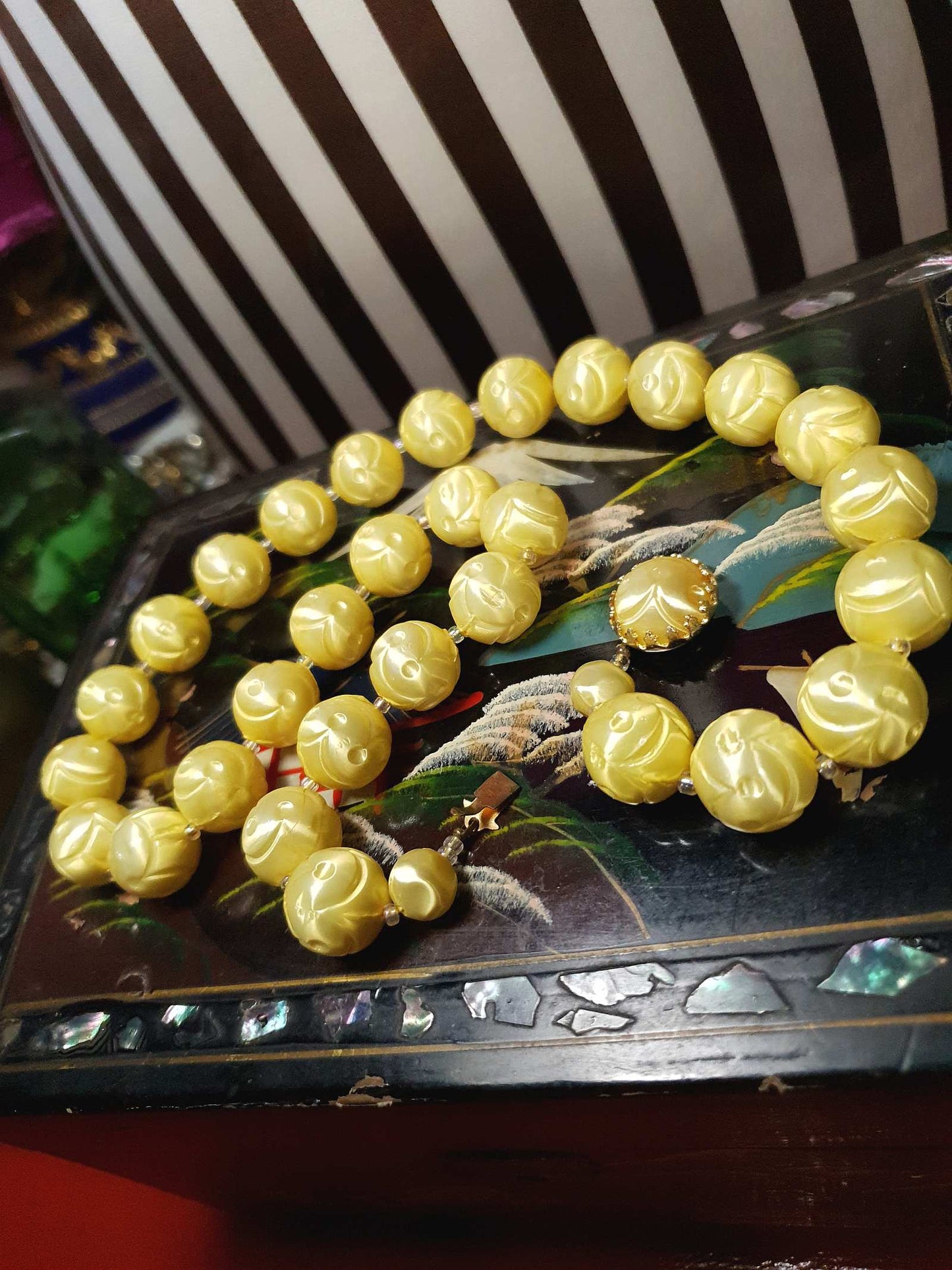 Vintage 1950s Yellow Bead Necklace Earrings Set Demi Parure - Signed Japan
