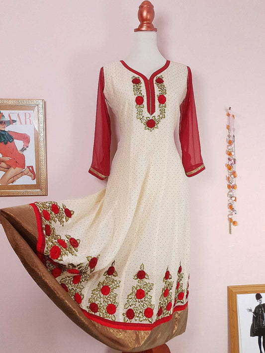 Vintage 1970s Embroidered Maxi Dress Bohemian Rose Polka Dot Boho- Size 10/12