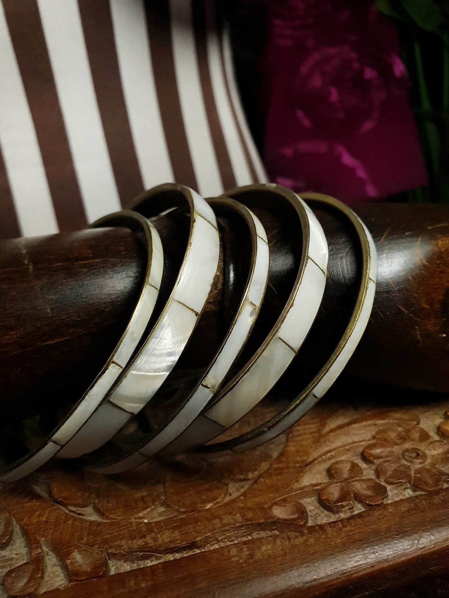 Vintage 1970s Boho Bangle Bracelet Set Mother of Pearl Brass MOP