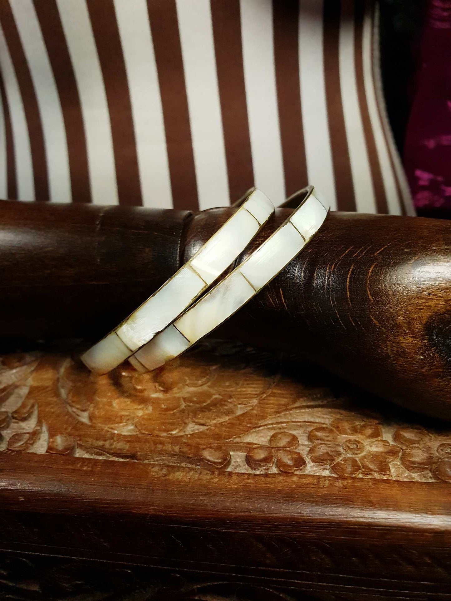 Vintage 1970s Boho Bangle Bracelet Set Mother of Pearl Brass MOP