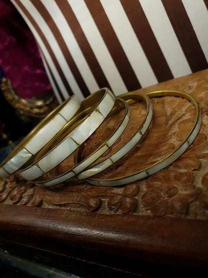 Vintage 1970s Boho Bangle Bracelet Set Mother of Pearl Brass MOP