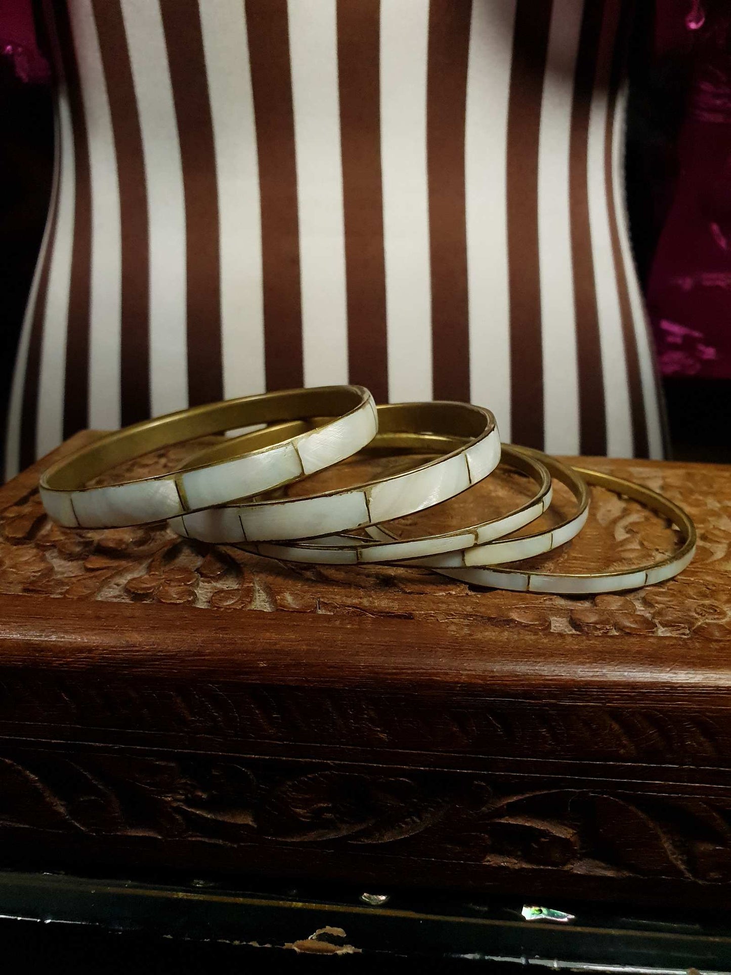 Vintage 1970s Boho Bangle Bracelet Set Mother of Pearl Brass MOP