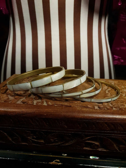Vintage 1970s Boho Bangle Bracelet Set Mother of Pearl Brass MOP