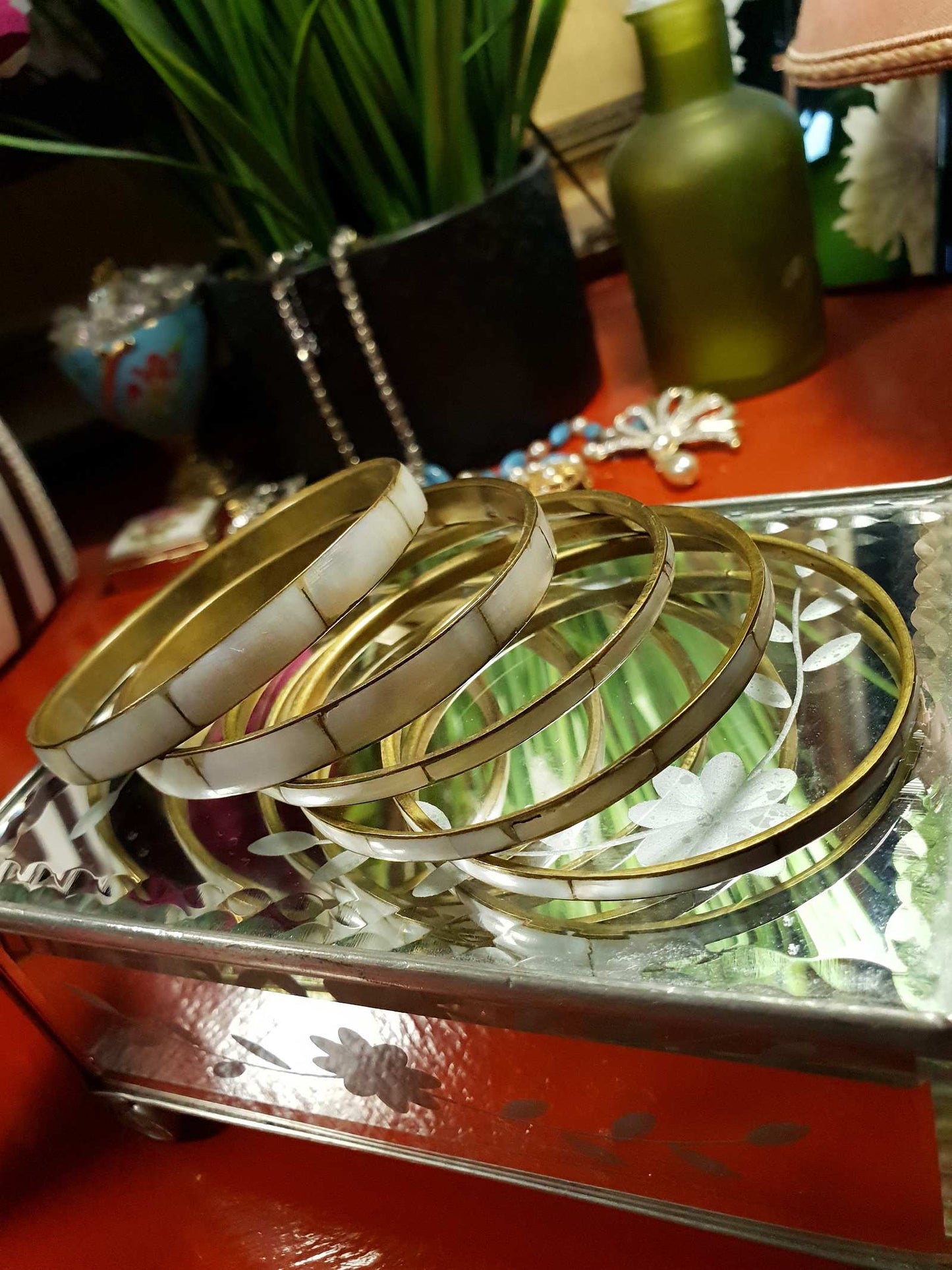 Vintage 1970s Boho Bangle Bracelet Set Mother of Pearl Brass MOP
