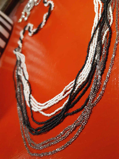 Vintage 1970s Beaded Drape Necklace Black White Grey Retro Boho