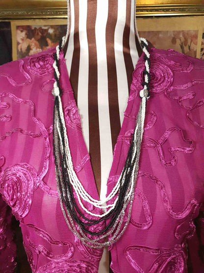 Vintage 1970s Beaded Drape Necklace Black White Grey Retro Boho