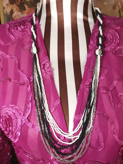 Vintage 1970s Beaded Drape Necklace Black White Grey Retro Boho