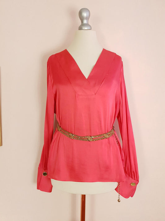 Vintage 1970s Silk Blouse Salmon Pink Retro Shirt Top