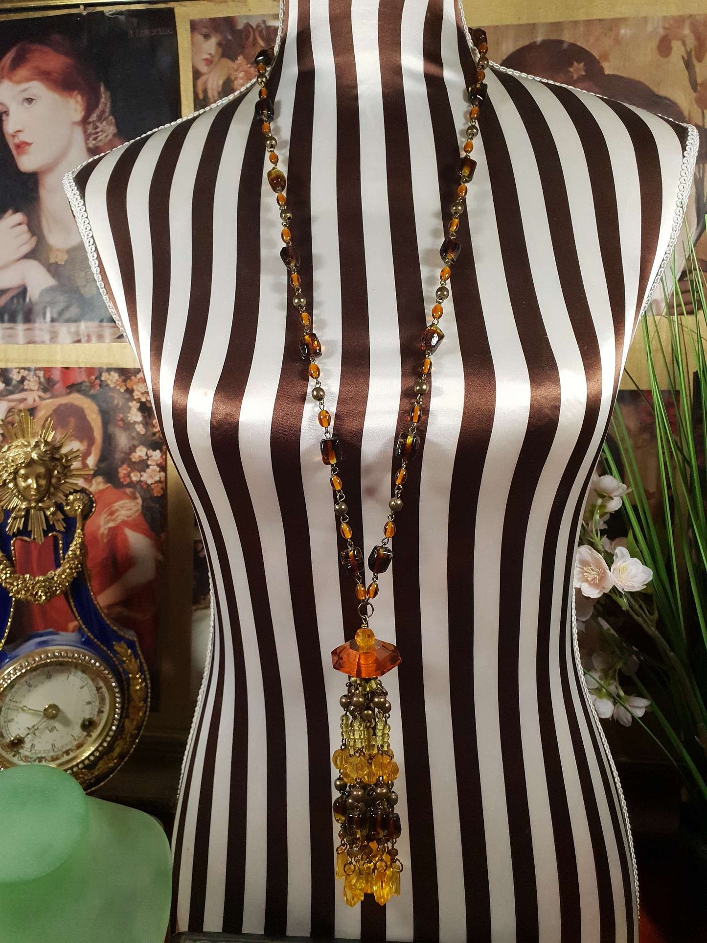 Vintage 1970s Boho Beaded Necklace Orange Yellow Glass Bohemian Long Retro