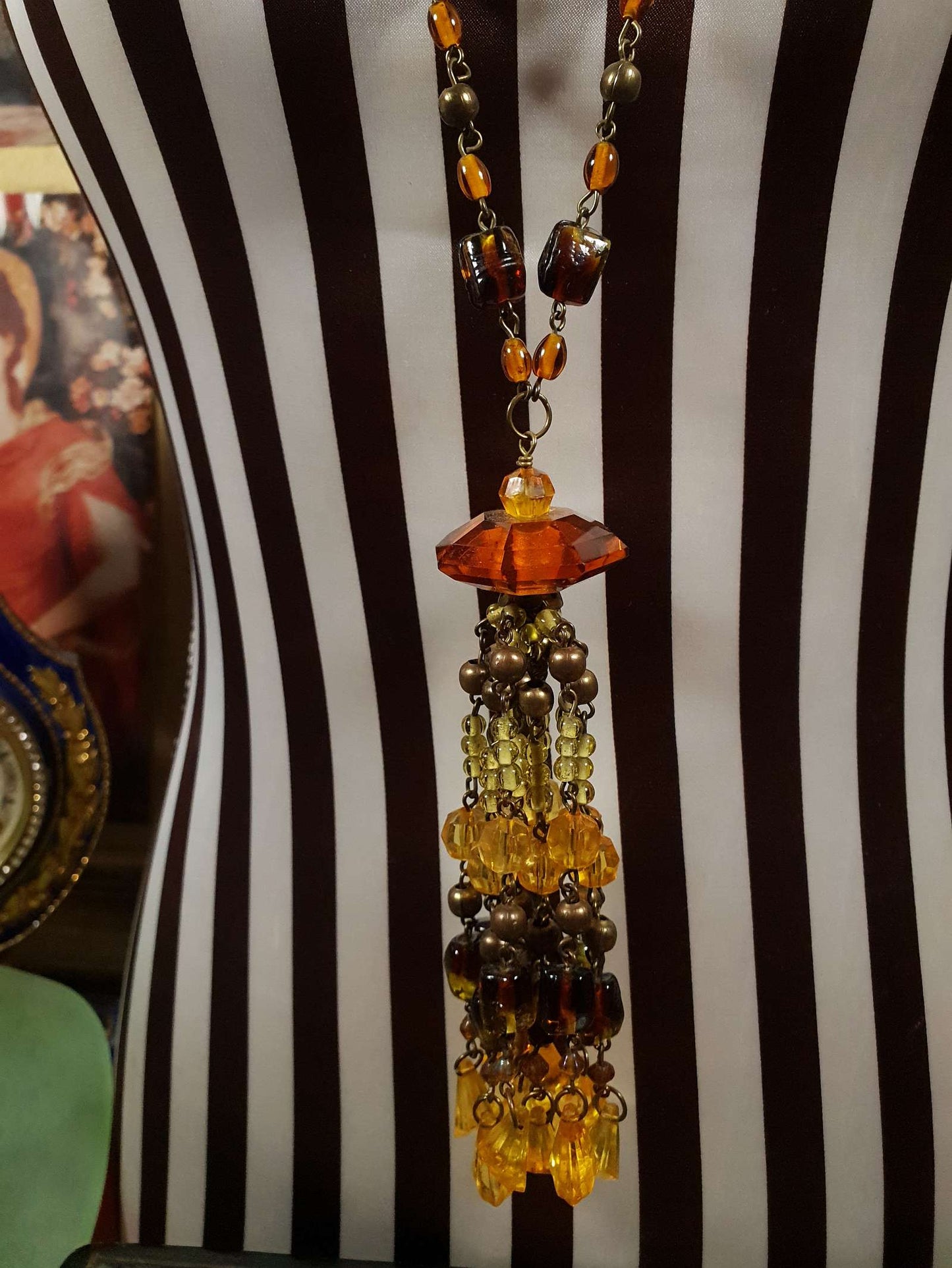 Vintage 1970s Boho Beaded Necklace Orange Yellow Glass Bohemian Long Retro