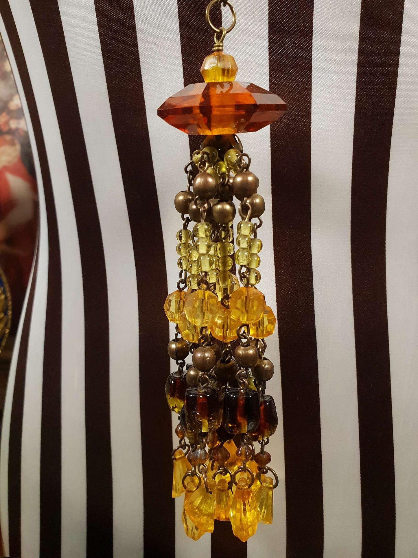 Vintage 1970s Boho Beaded Necklace Orange Yellow Glass Bohemian Long Retro