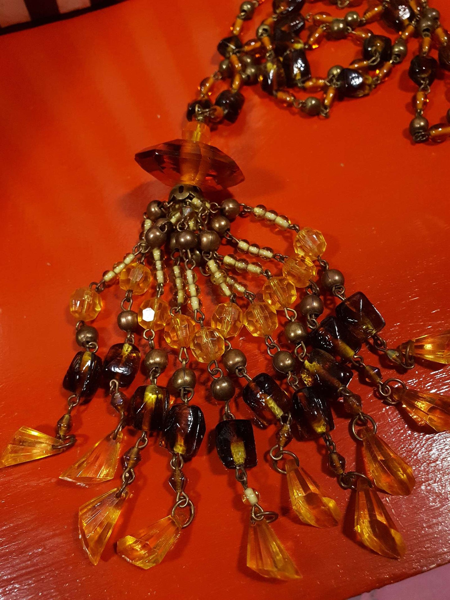 Vintage 1970s Boho Beaded Necklace Orange Yellow Glass Bohemian Long Retro
