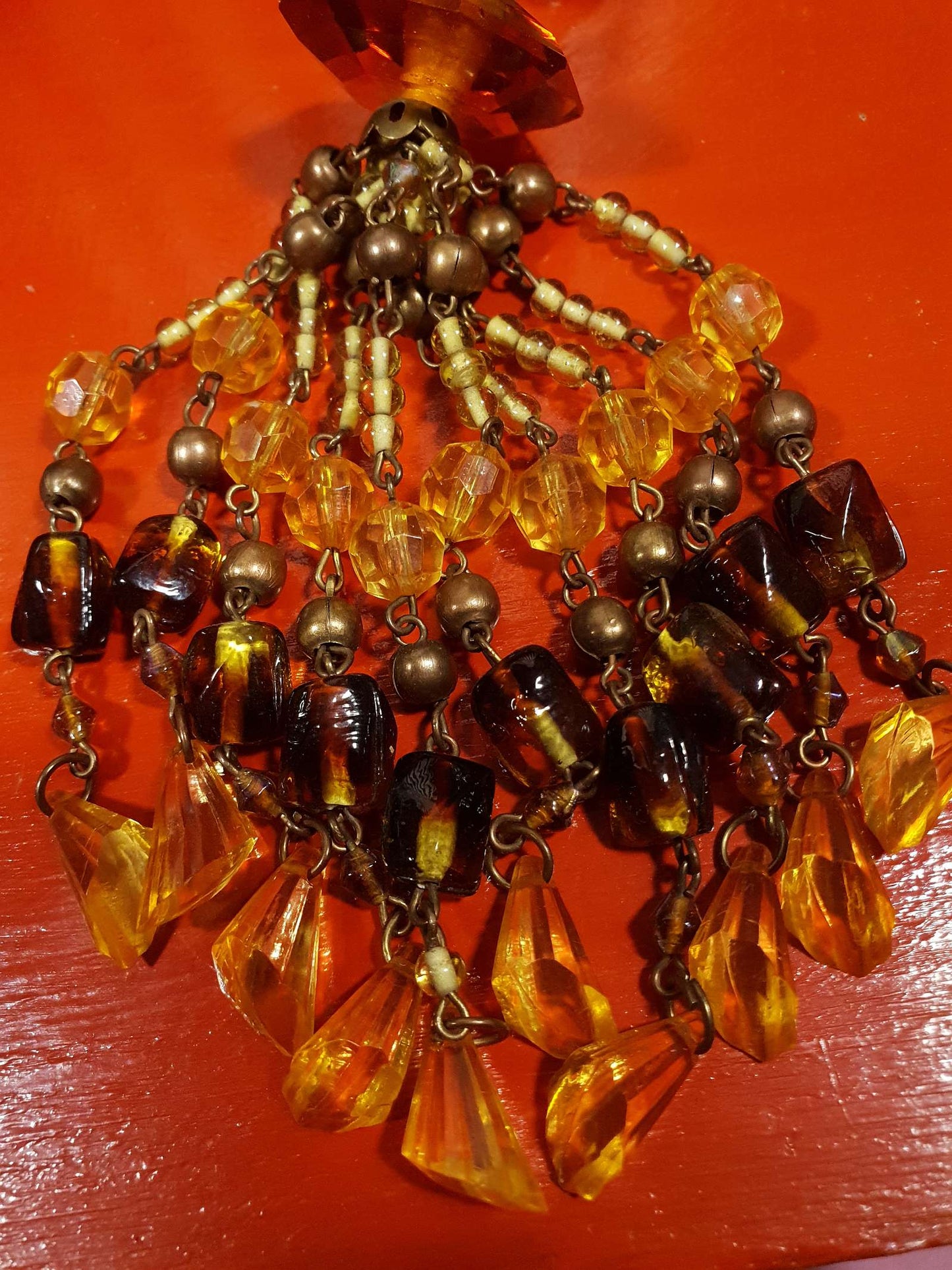Vintage 1970s Boho Beaded Necklace Orange Yellow Glass Bohemian Long Retro
