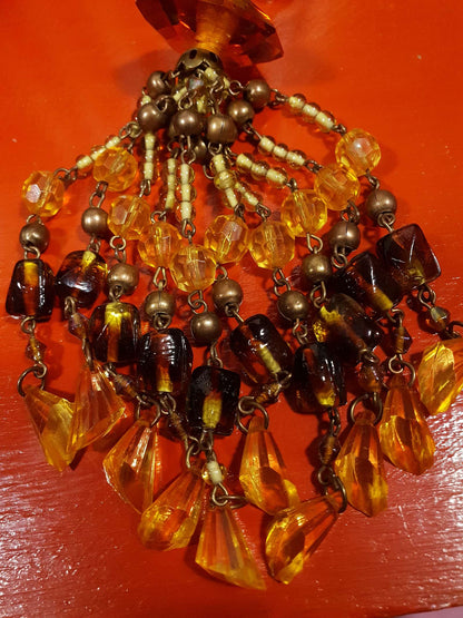 Vintage 1970s Boho Beaded Necklace Orange Yellow Glass Bohemian Long Retro