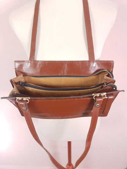 1970s Vintage Large Brown Leather Shoulder Bag Handbag Retro 70s