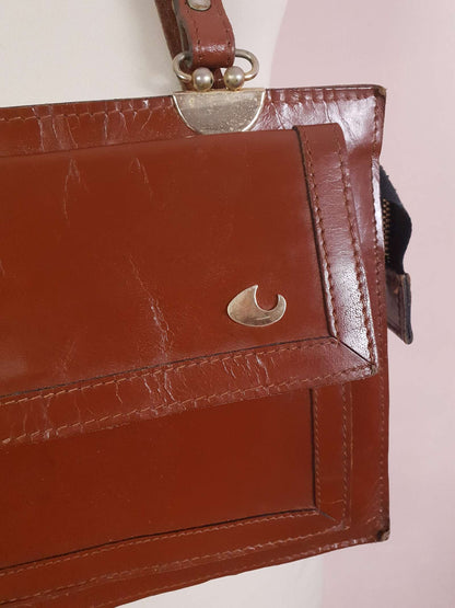 1970s Vintage Large Brown Leather Shoulder Bag Handbag Retro 70s