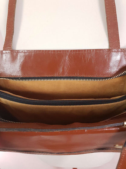1970s Vintage Large Brown Leather Shoulder Bag Handbag Retro 70s